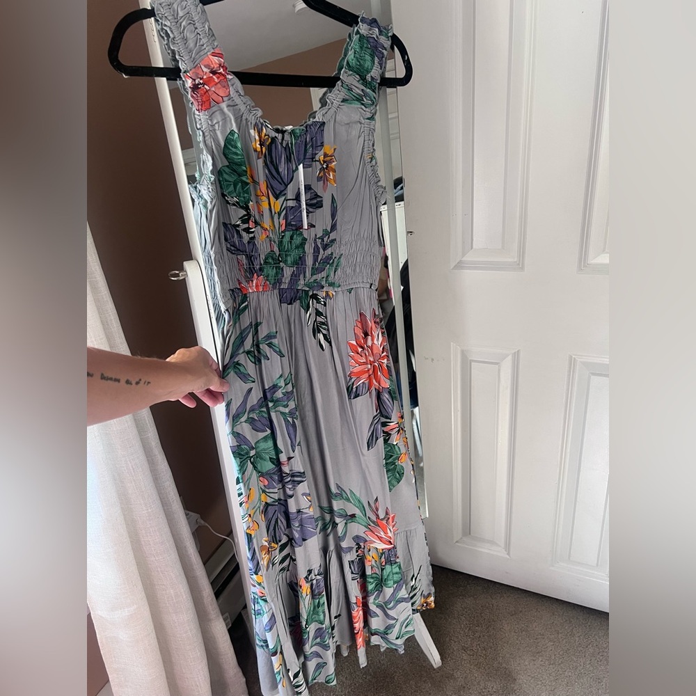 Patrons of Peace Gray Maxi Dress with Floral Design